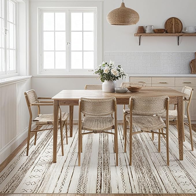 Tortania Area Rug Living Room Rugs - 5x7 Washable Large Soft Neutral Boho Moroccan Bohemian Farmhouse Rug Indoor Floor Carpet for Bedroom Under Dining Table Home Office Decor - Cream Brown