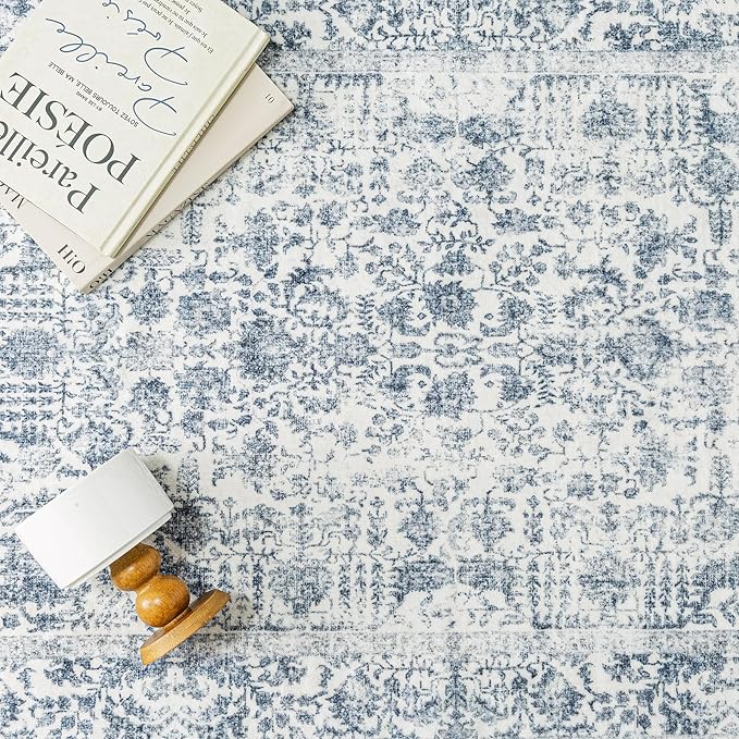 PureCozy Navy Blue Area Rug 9x12 Machine Washable Large Vintage Living Room Distressed Non Slip Carpet Traditional Indoor Bedroom Retro Floral Accent Throw Rug for Office Kitchen Dining Room