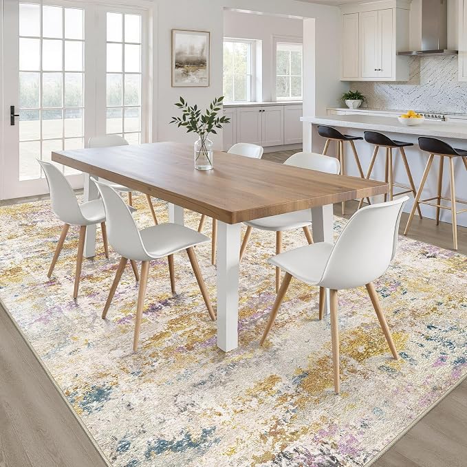 8x10 Area Rugs Living Room: Washable Large Neutral Rug Abstract Soft Modern Stain Resistant Indoor Floor Non-Slip Carpet for Bedroom Nursery Kids Classroom Playroom Dining Room- Gold Multi