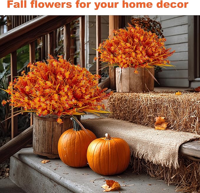 AXYLEX Artificial Fall Flowers Outdoor Fake Mums - 16 Bundles Fake Plants UV Resistant No Fade Faux Plastic Greenery Garden Porch Patio Fall Home Decor (1, OrangeYellow)