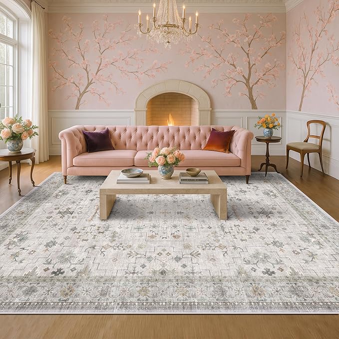 Large Light Gray & Sage 9x12 Living Room Rug - Vintage Floral Area Rug for Dining Room, Washable Low Pile Bedroom Carpet, Modern Eclectic Geometric Decor & Stain Resistance