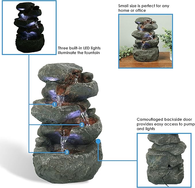 Sunnydaze Tabletop Water Fountain - Stacked Rocks 10.5 Inch Relaxing Desktop Water Fountain with LED Lights - Office, Bedroom, Living Room
