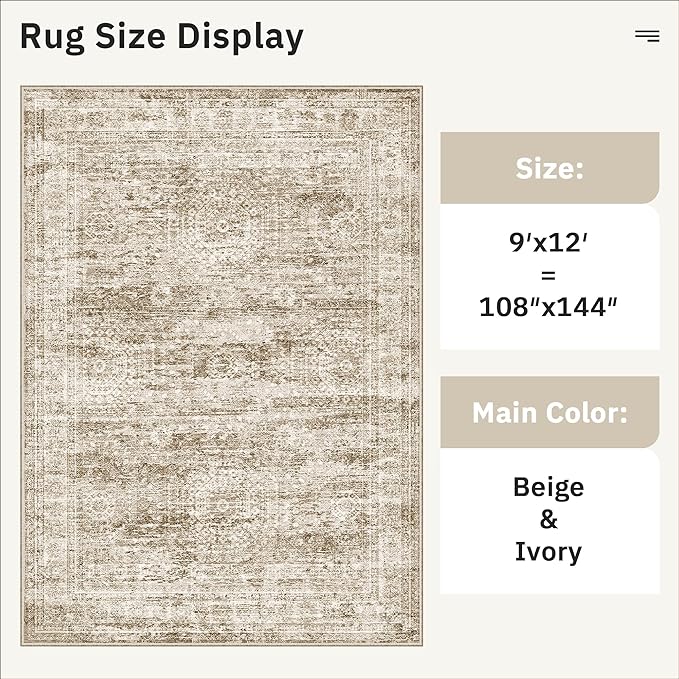 Soalmost 9x12 Area Rugs for Living Room, Non Slip Machine Washable Vintage Rugs, Low Pile Lightweight Large Rug for Bedroom, Dining Room, Home Office Brown