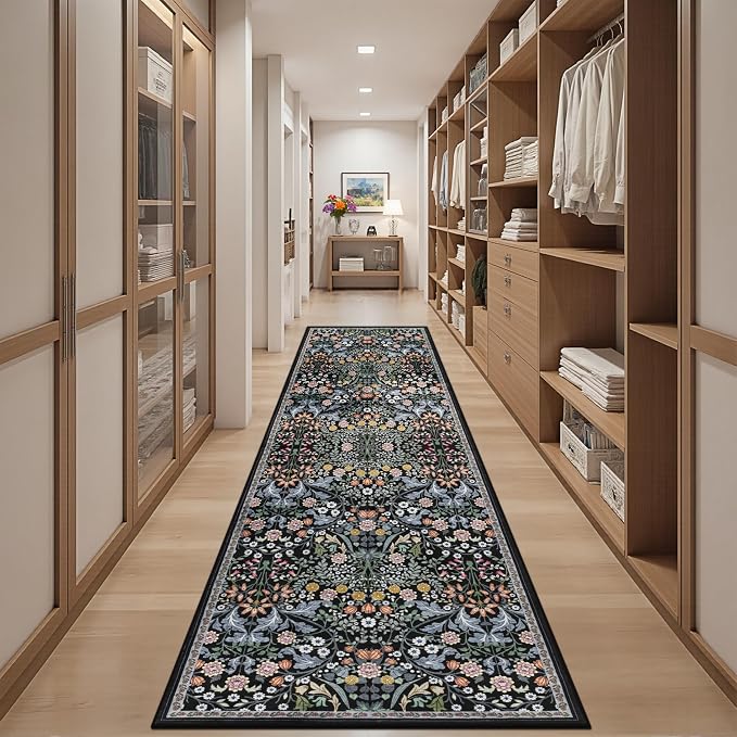 Runner Rug for Entryway: 3x10 Kitchen Rugs Non Slip Washable Ultra-Thin Soft Floral Carpet Indoor Floor Stain Resistant Carpets for Hallway Bedroom Kitchen Laundry Bathroom Dorm Dark Black