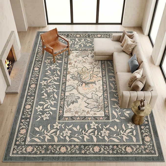 GarveeHome Grey Area Rug 8x10 for Living Room Washable Cottage Core Farmhouse Low-Pile Stain Resistant Non-Slip Large Carpet for Bedroom Dining Room Home Office TPE Backing Indoor Decor