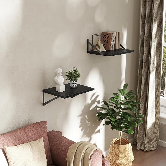 Acovy Deep Floating Shelves Wall Mounted, 16"x12" Black Wall Shelves with Brackets Set of 2 for Bedroom, Living Room, Bathroom, Kitchen, Office - Storage & Display Shelf for Decor, Books, Plants