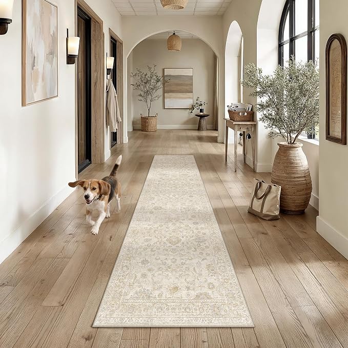 2x10 Beige Washable Runner Rug for Living Room Bedroom Neutral Soft Floral Non Slip Runner Rug Lightweight Vintage Low Pile Distressed Carpet Kitchen Hallway Bedroom Bathroom