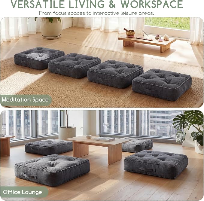 HIGOGOGO Large Floor Pillow Cushion for Adults, Meditation Cushion Pillow with Handle, Lustrous Chenille Tufted, Square Floor Sitting for Tatami Living Room or Yoga, 22x22 Inch, Dark Grey