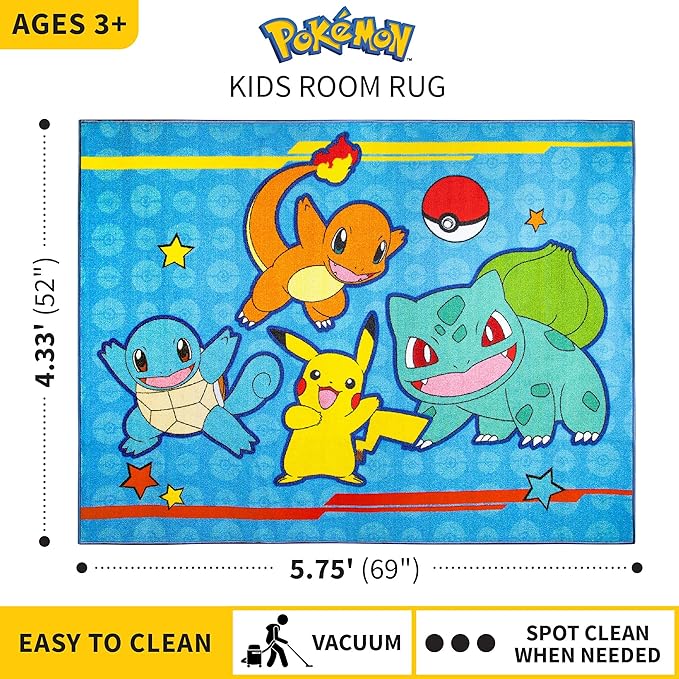 Pokémon Kids Room Blue Non Slip Area Rug, 69 in x 52 in, (Officially Licensed Product) by Franco