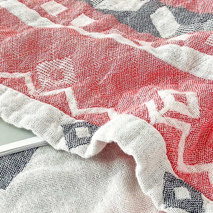 MEJU Boho Indian Pink Gray Retro Southwest Muslin Reversible Blanket for Bed Sofa Couch 100% Combed Cotton 3 Layer Soft Warm Bedspread Throw Blanket Bed Coverlet Twin 60 in x 80 in