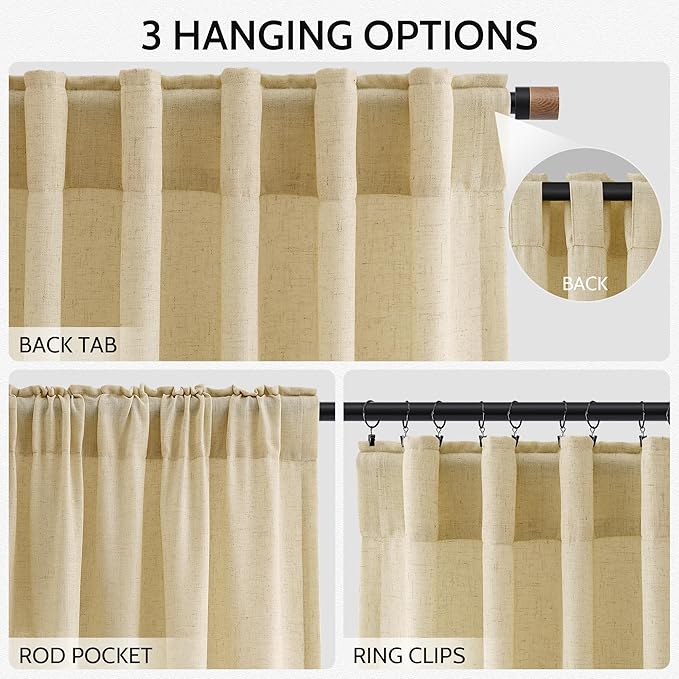 Nanspring Cream Yellow Curtains 108 Inches Long for Living Room Linen Light Filtering Modern Farmhouse Sheer Curtains Back Tab Floor to Ceiling High Window Curtain for Bedroom Office 52x108, 2 Panels
