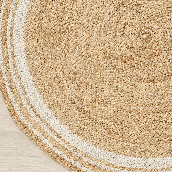 100% Jute Area Rug Approx 6 Feet - Braided Design Hand Woven Natural White Rings Carpet - Home Decor for Living Room Hallways - Round Natural Fibers