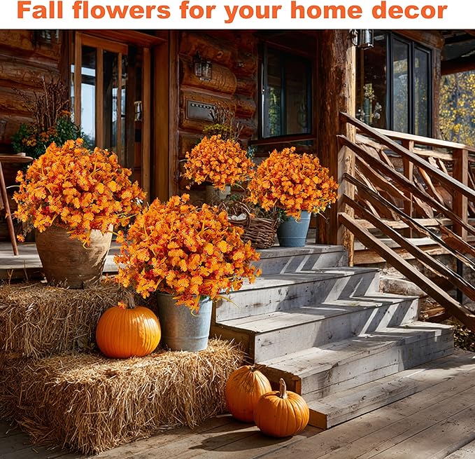 AXYLEX Artificial Mums for Outdoor Fall Flowers - Fake Plants UV Resistant No Fade Faux Plastic Home Decor Garden Porch Patio (1, OrangeMixed)