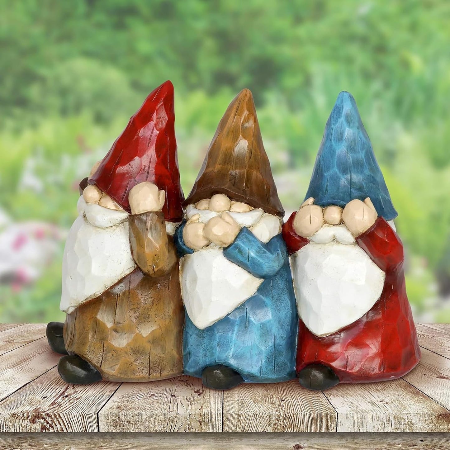 Exhart Garden Gnomes, See No, Hear No, Speak No Evil Garden Gnome Statue, Hand Painted Outdoor Garden Decorations, 12 x 9 Inch
