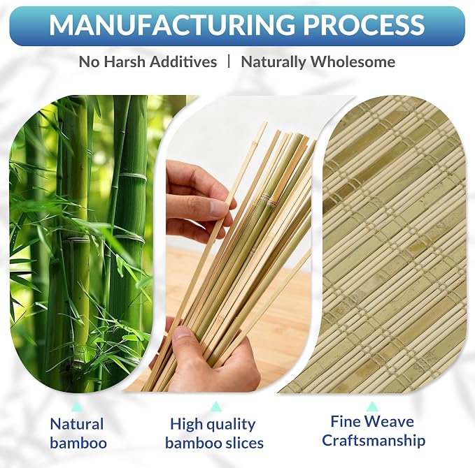 No Drill No Tools Bamboo Roman Shades, Cordless Light Filtering Window Blinds with Valance, Natural Woven Wood Shades for Living Room Dining Room,Stripped Raw Bamboo（Sheer-View）, 22"W x 48"H