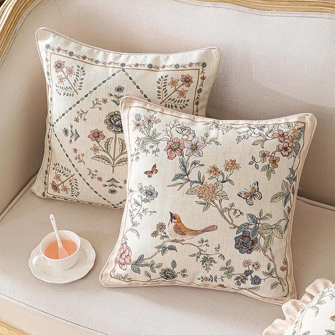 ISAENNE Designer Linen Throw Pillow Cover,Set of 2,18"x18"-Cornucopia A | Elegant French Square Pillow Cover,Concealed Zipper,Floral and Bird Pattern,Sofas,Bedroom,Living Room,Lounge Chairs