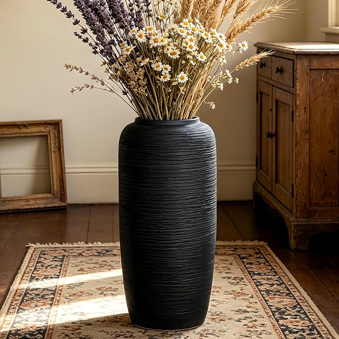 Large Rustic Ceramic Black Vase,15.7 Inch Tall Pottery Farmhouse Decor Floor Vase Vintage Flower Vases for Home Living Room Entryway Table Centerpiece Decor,Terracotta Vases,Wedding Gift