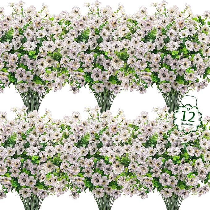 Ouddy Decor 12 Bundles Artificial Flowers for Outdoors Fake Silk Flowers UV Resistant Faux Plastic Plants for Spring Summer Garden Porch Window Box Table Vase Home Indoor Outdoor Decoration, White