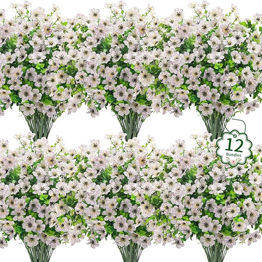 Ouddy Decor 12 Bundles Artificial Flowers for Outdoors Fake Silk Flowers UV Resistant Faux Plastic Plants for Spring Summer Garden Porch Window Box Table Vase Home Indoor Outdoor Decoration, White