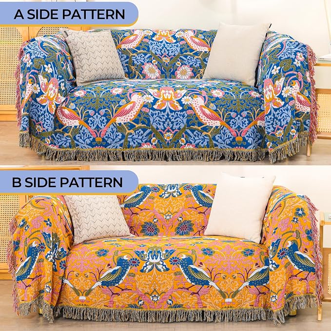 Boho Cotton Muslin Twin Size Bed Throws,100% Cotton Rustic 4 Layer Reversible Bid and Floral Woven Washable Breathable Decor Blanket 60"×80" for Couch Sofa All Seasons,Blue &Yellow