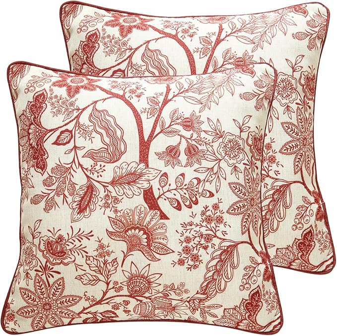 ISAENNE Designer Linen Square Throw Pillow Cover,Set of 2,18"x18"-Ruyi A | Vintage French Elegant Pillow Cover,Concealed Zipper Design,Red Floral Pattern,Sofa,Bedroom,Living Room,Lounge Chairs
