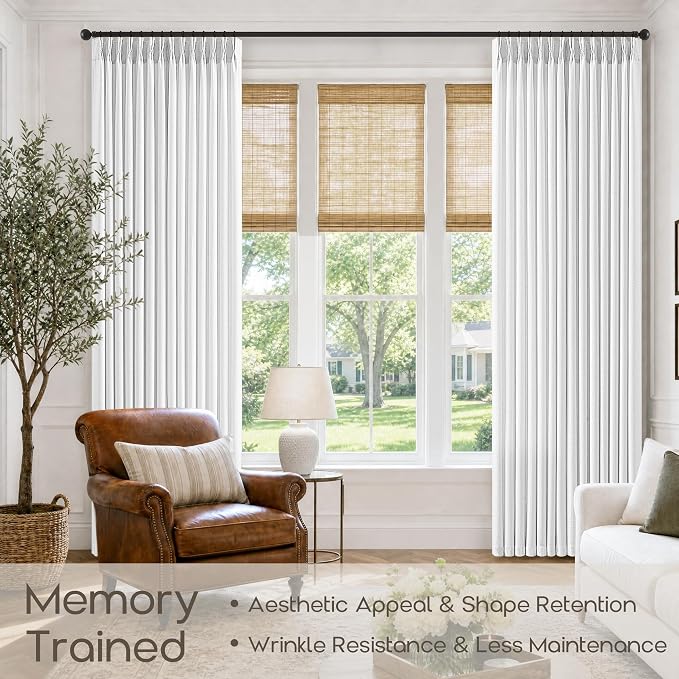 102 Inch Pinch Pleated Thick Linen Curtains for Living Room Snow White Memory Trained Semi Sheer Pinch Pleat Curtains with Hooks Rings Floor Length Farmhouse Boho Drapes 102 Inches Length 2 Panels