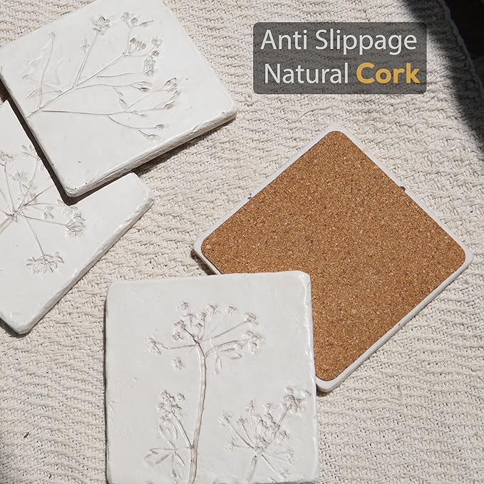 Ceramic Coasters Set of 4 – White Vintage Engraved Flower Design, Non-Slip Cork Base Coasters for Coffee Table, Bar & Home Decor
