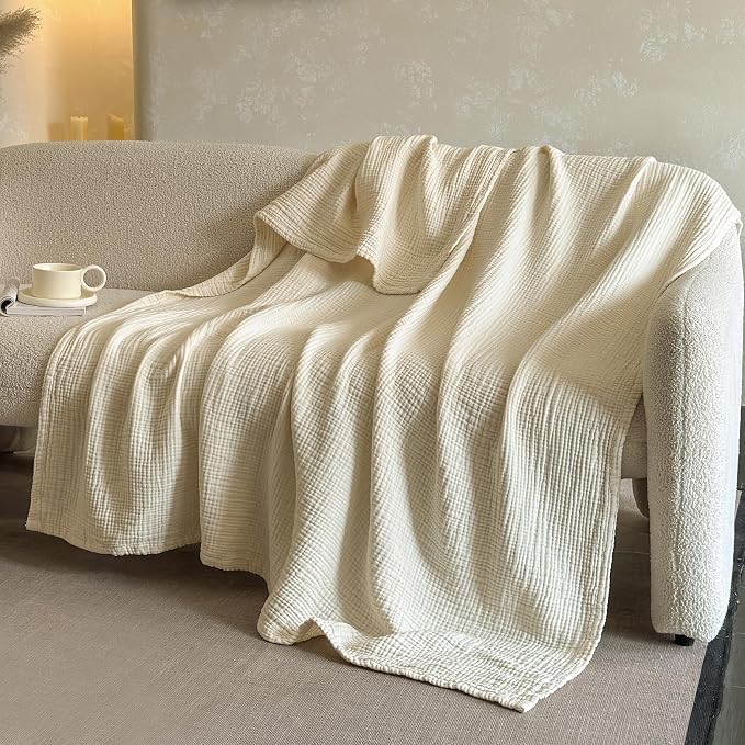 FALUCA Cotton Muslin Cooling Reversible Blanket King Size for Bed, Couch, Four Layers Blanket, Soft Lightweight Cozy Breathable Farmhouse Decoration for Summer, Beige