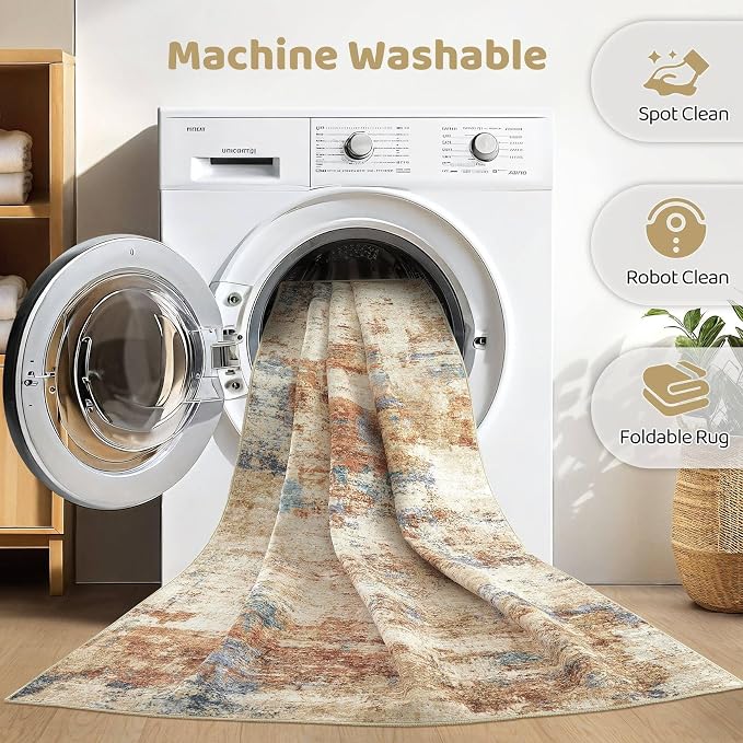 7x10 Area Rug Washable Rug: Large Abstract Modern Soft Stain Resistant Indoor Floor Non-Slip Accent Carpet for Living Room Bedroom Nursery Playroom Dining Room Office Dorm Home House- Blue Orange