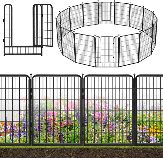 Decorative Black Metal Fencing Garden Fence with Gate, 36ft(L) 40in(H) 16 Fence Panels No Dig Fence Rustproof Animal Barrier Fence Temporary Dog Panels Fencing Outdoor