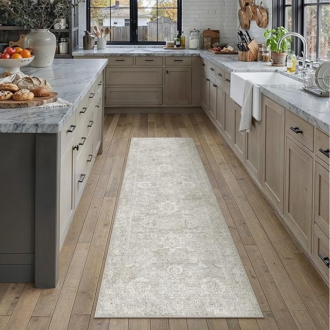 2x6 Grey Washable Runner Rug for Kitchen Hallway Neutral Floral Soft Non Slip Rug Low Pile Distressed Carpet for Bathroom Bedroom Indoor Nursery
