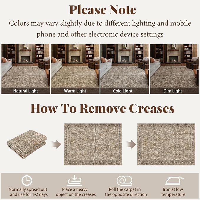 Washable Rugs for Living Room: 6x9 Area Rugs for Bedroom Ultra Soft Non-Slip Stain Resistant Vintage Boho Large Carpet for High-Traffic Dining Room - Farmhouse Decor
