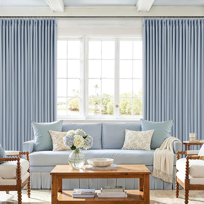 Light Blue Pinch Pleated Blackout Curtains 102 Inches Long for Kids Bedroom 100% Black Out Thick Linen Dual Layer Pleated Drapes Farmhouse Coastal Sky Blue 102 Inch Curtain for Dining Living Room