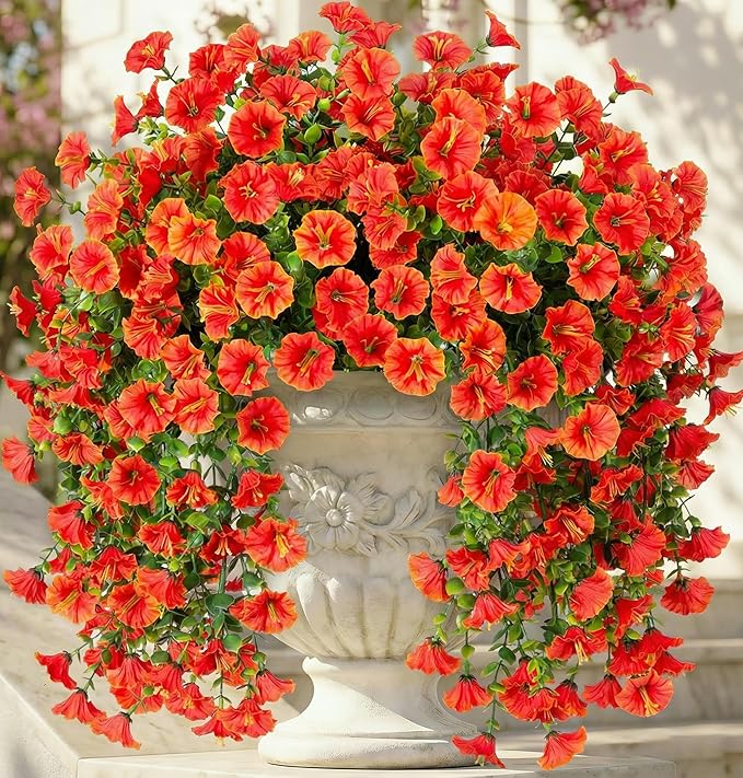 Ivydale 2 PCS Artificial Fall Hanging Flowers Fake Plants Outdoor,Silk Morning Glory Faux Flowers with Eucalyptus,UV Resistant Realistic Petunias Plants for Home Garden Decor (Orange(Leaves Green))