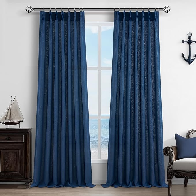 Thick Linen Denim Blue Viral Sheer Curtains 96 Inches Long for Bedroom 2 Panels Set, Pinch Pleat Light Filtering Aesthetic Drapes with Back Tab Ceiling Track for Boys Room Decor Curtain 96 Inch Length