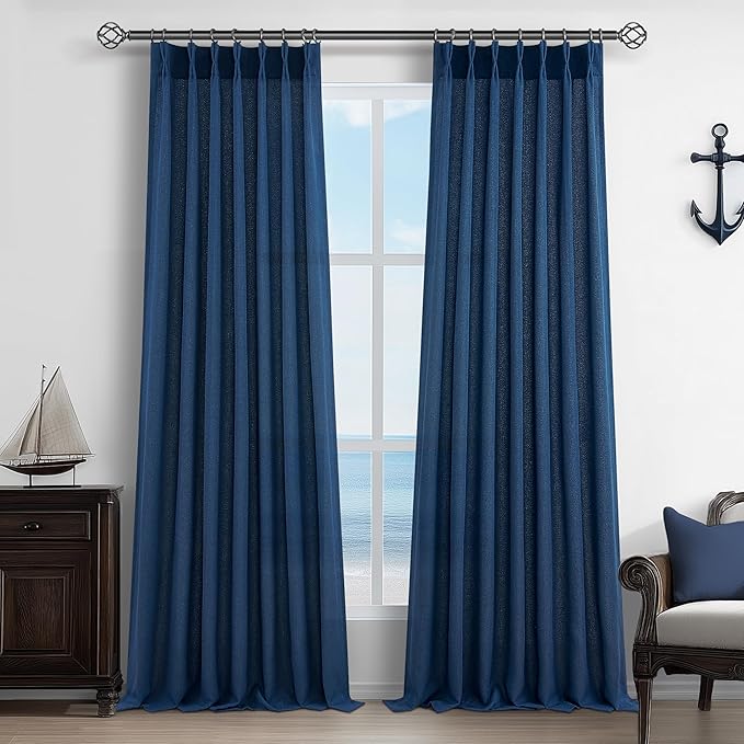 PleatedDrapes Denim Blue Semi Sheer Curtains 90 Inches Long for Dining Room 2 Panels Set, Modern Pinch Pleat Heavy Linen Blend Light Filtering Nursery Navy Drapes with Back Tab Window Burg 7-1/2 FT