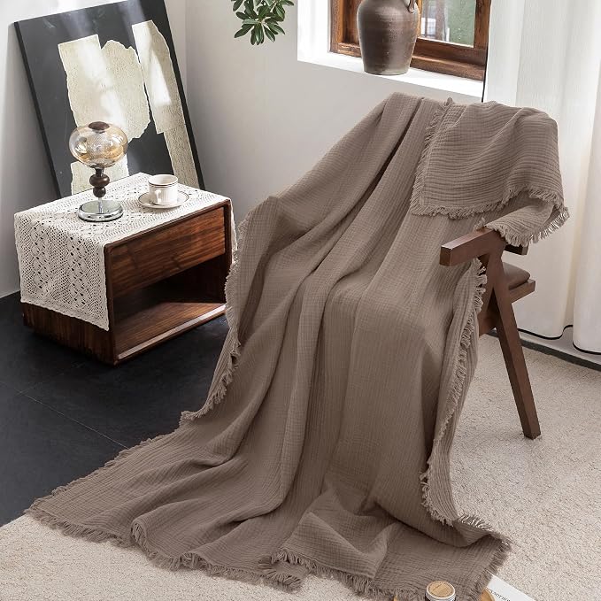 FOSSA Muslin Blanket 4-Layer 100% Cotton Gauze Blanket with Fringe 90"x90" | Super Soft Breathable Lightweight All Season & Decorative Blanket or Bed, Sofa, Office (Pale Brown, Queen )