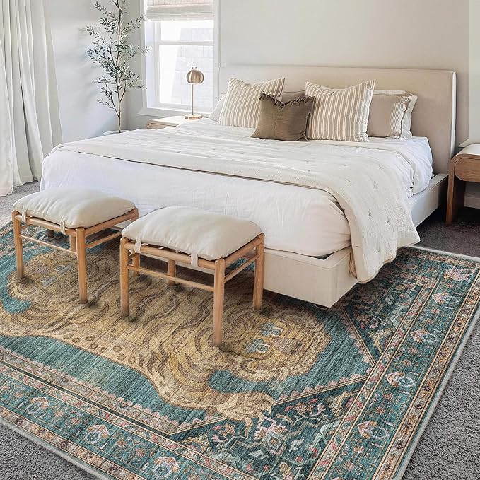 CHAMPLANT Area Rug 6'x9' Washable Vintage Traditional Floor Cover Thin Retro Kitchen Indoor Distressed Non Slip Carpet for Living Room Bedroom Dining Room