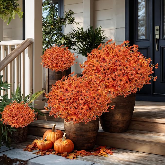 AXYLEX Artificial Fall Flowers Outdoor Fake Mums - 16 Bundles Fake Plants UV Resistant No Fade Faux Plastic Greenery Garden Porch Patio Fall Home Decor (Orangeyellow)