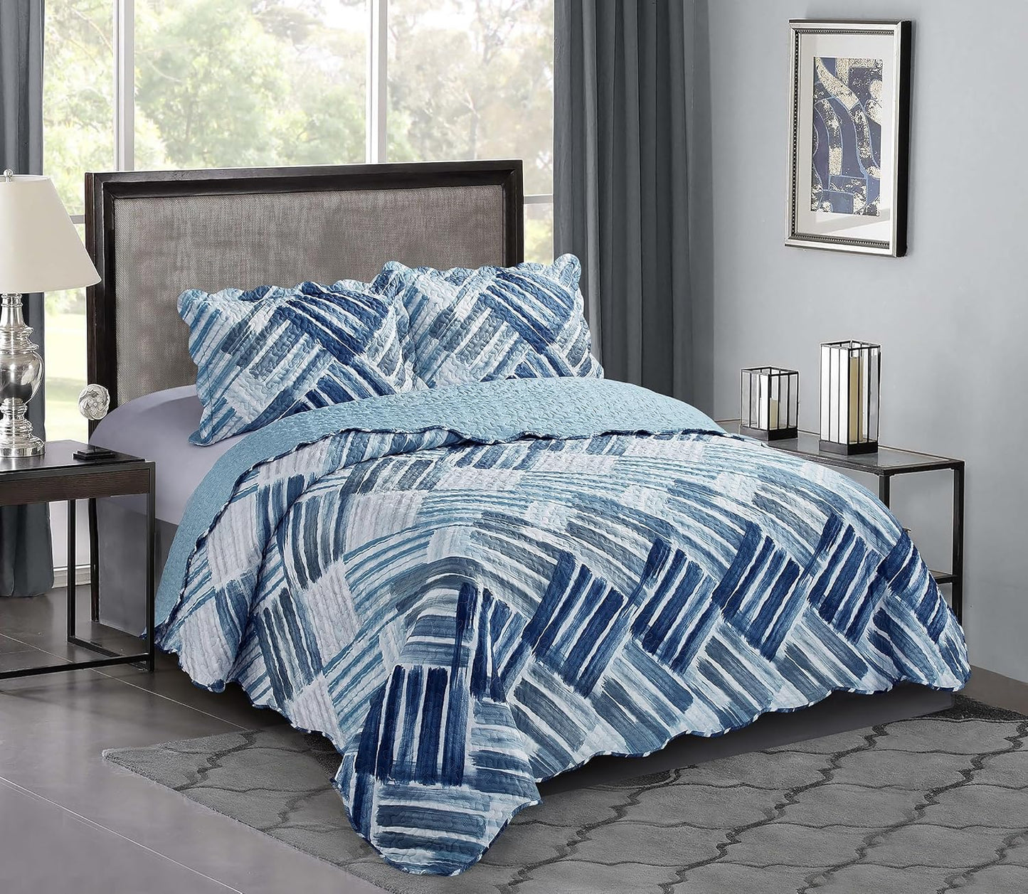 Brilliant Sunshine Blue and Grey Stripe Blocks Patchwork, 3-Piece Quilt Set with 2 Shams, Reversible Bedspread, Soft Lightweight Coverlet, All-Season, Full/Queen, Blue Grey