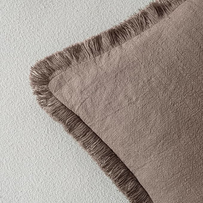 MIULEE Decorative Throw Pillow Covers Neutral Linen Fringe Throw Pillows Euro Shams Set of 2 Malt Ball Boho Farmhouse Cushion Covers for Couch Sofa Bed Living Room Fall Home Decor 26x26 Inch