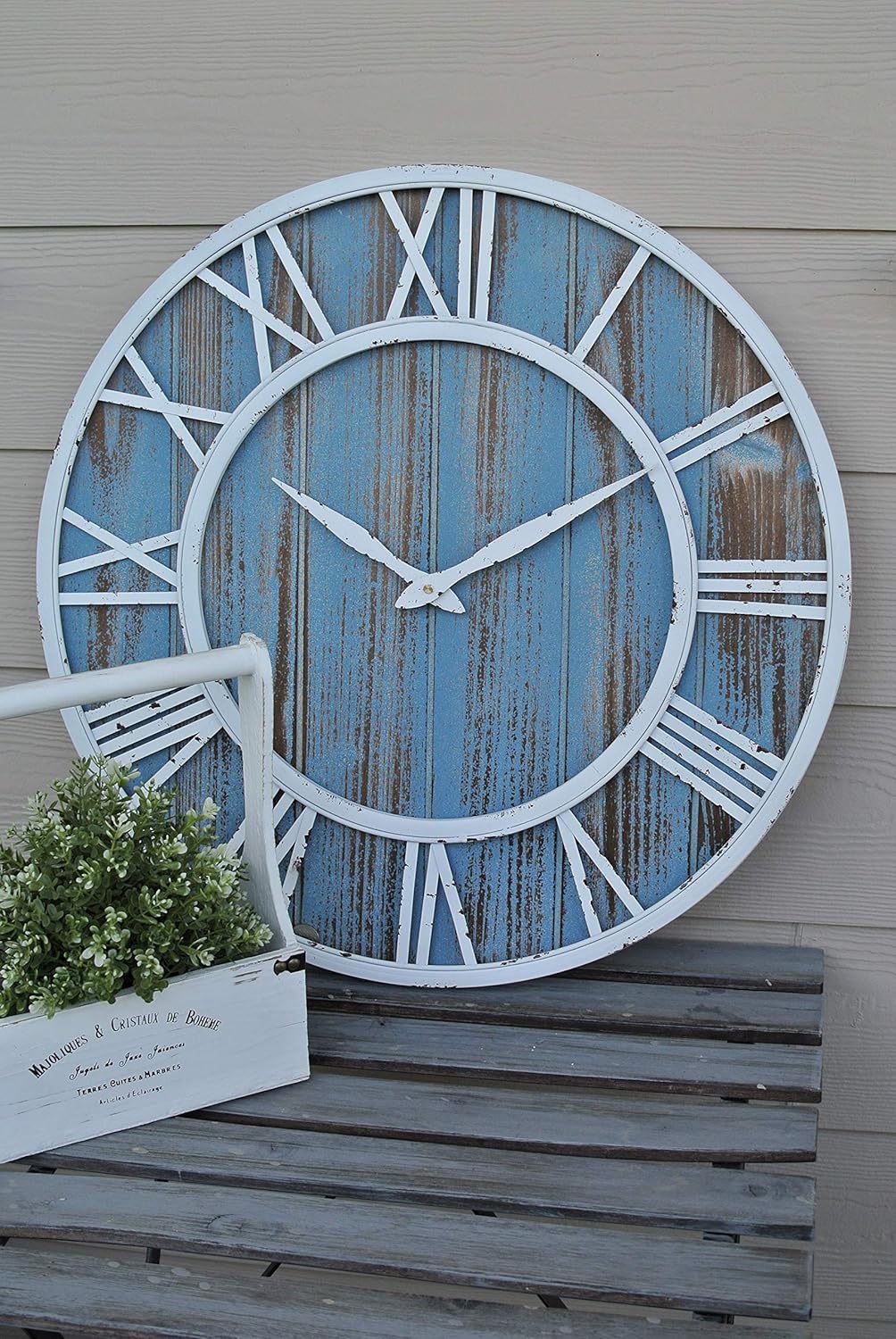 24" Coastal Wall Clock - Metal & Solid Wood Noiseless Weathered Beach Blue Wall Clock (Coastal Blue, 24-inch)
