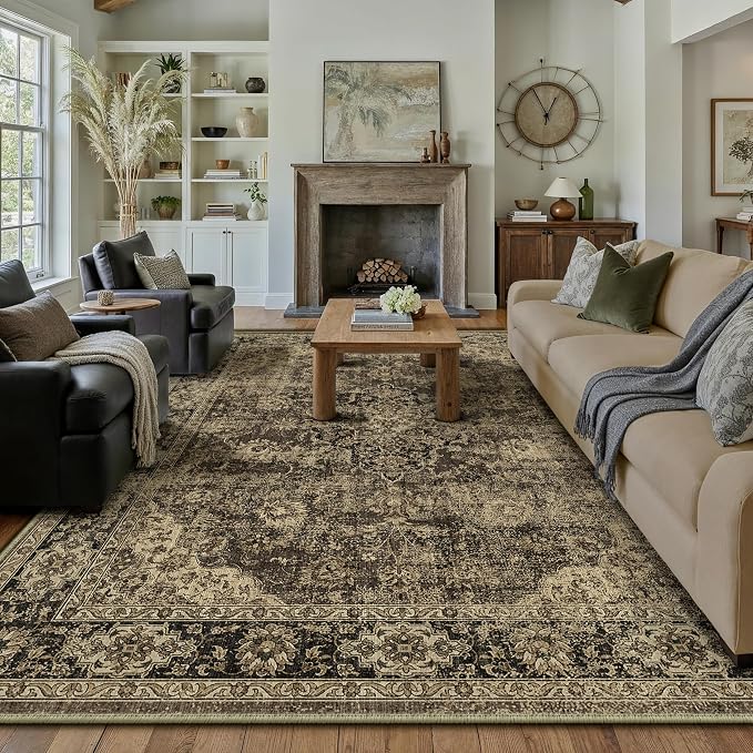 HUGEAR Retro Brown Area Rug 9x12 Machine Washable Living Room Rugs Distressed Vintage Floral Low Pile Carpet Bedroom Office Dining Room Laundry Room Non Slip Soft Lightweight