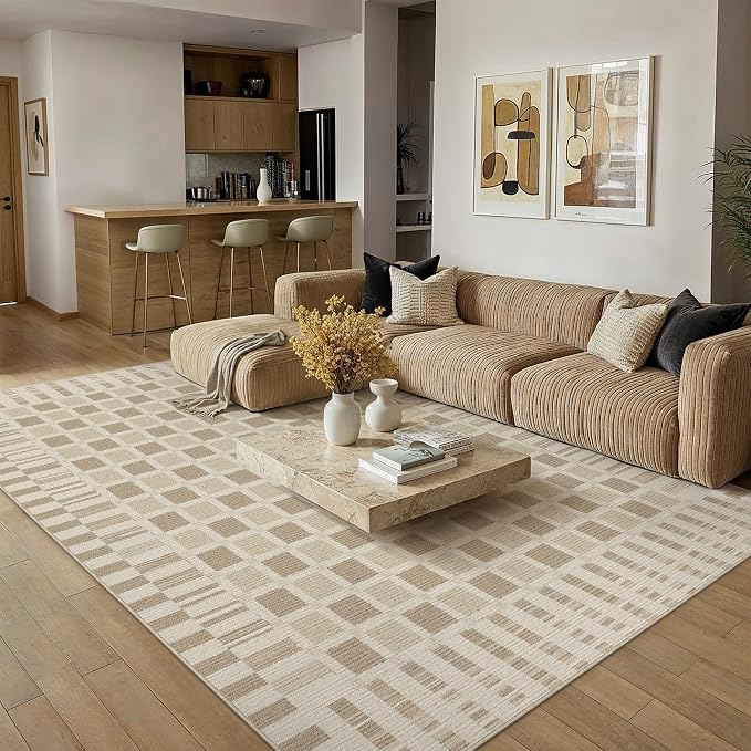 PureCozy Machine Washable Brown 6x9 Area Rugs for Living Room Modern Soft Large Checkered Rug Non-Slip Low Pile Accent Indoor Office Carpet for Bedroom Dining Room Nursery Classroom