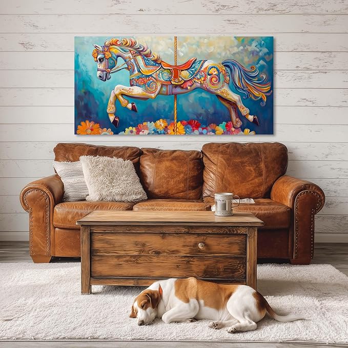 Ggaafet Colorful Carousel Wall Art for Bedroom Canvas Oil Painting Prints Beautiful Circus Horse Art Deco Modern Artwork Office Family Dining Room Decor