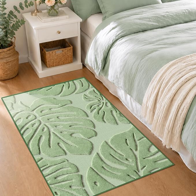 Sage Green Monstera Area Rug 3x5, High-Low Plush Pile Washable Rugs for Living Room Bedroom, Tropical Non Slip Nursery Carpet Soft Indoor Shag Rugs for Dining Room
