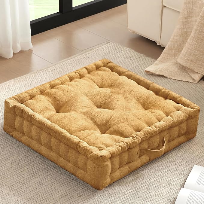 Intelligent Design Azza Floor Pillow, Large Cushions Sitting for Adults, Floor Pillow for Meditation or Yoga, Lustrous Chenille Tufted with Scalloped Edges for Bench/Chair Cushion, 24"x24"x5" Yellow