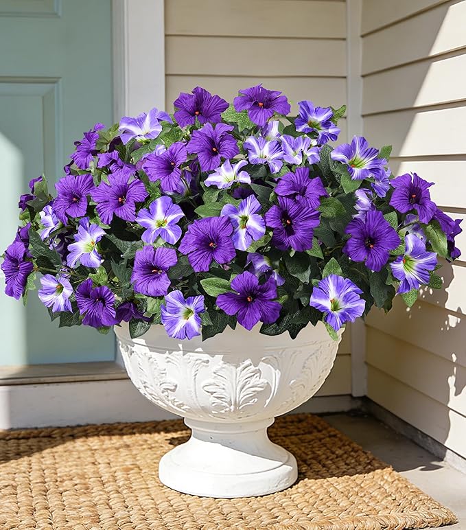 HyeFlora Artificial Flowers for Outdoors 4PCS Faux Petunias Silk Fake Flowers for Outside Planter UV Resistant Realistic Home Garden Porch Decor (Purple)