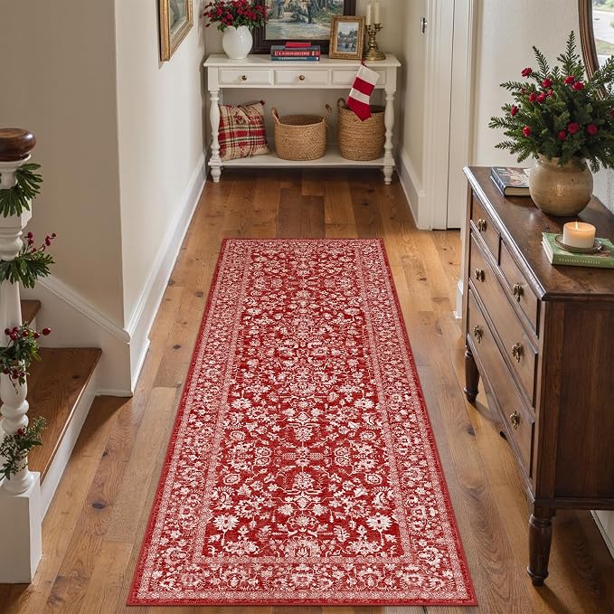 PureCozy Red Runner Rug 2x6 Washable Hallway Carpet Retro Vintage Distressed Floral Holiday Decorative Non Slip Low Pile Soft Throw Long Rug for Kitchen Bedroom Bathroom
