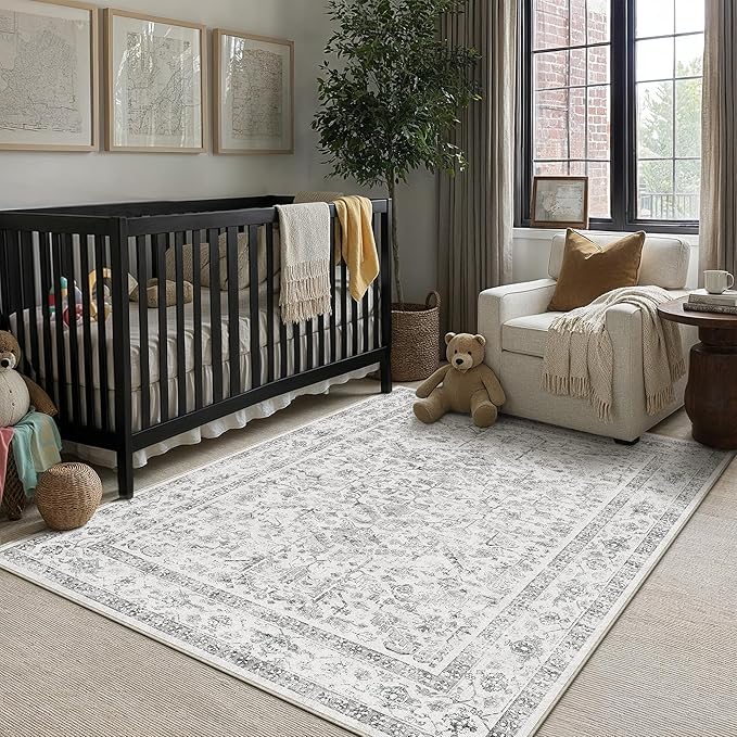 PureCozy Grey 3x5 Entryway Rug Vintage Area Carpet Indoor Kitchen Washable Door Mat Entrance Small Low Pile Traditional Distressed Retro Accent Throw Rug Non Slip Office Bathroom